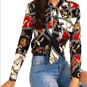 Women’s chain print long sleeve blouse.